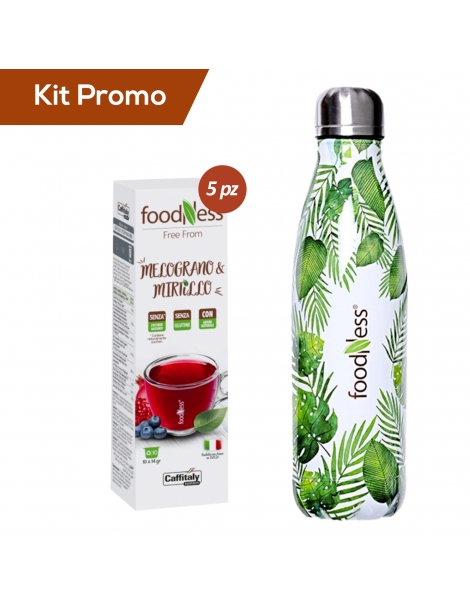 Kit 5 astucci capsule Foodness melograno e mirtillo compatibili caffitaly con omaggio borraccia termica