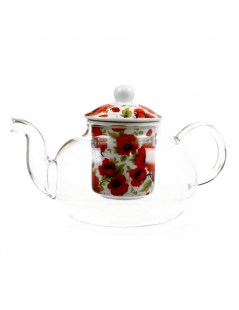 Teiera in vetro con infusore con fiori rossi