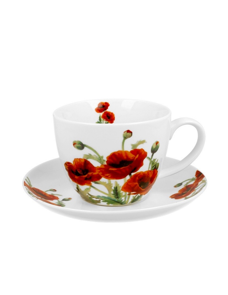 Mug Papaveri Con Piattino In Porcellana