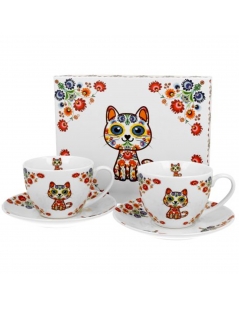 Set 2 Tazze Con Piattino gatto etnico In Confezione Regalo