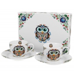 Set 2 Tazzine Caffè Con Piattino Gufo In Confezione Regalo