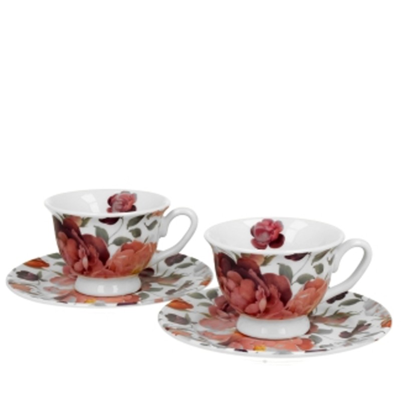 Set 2 Tazzine Caffè Con Piattino Rose In Confezione Regalo