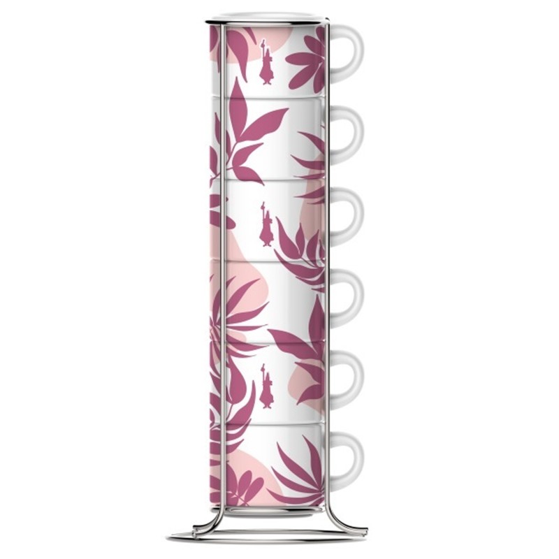 Bialetti 6 Tazzine caffè Foglia Rosa Impilabili incluso porta tazzine