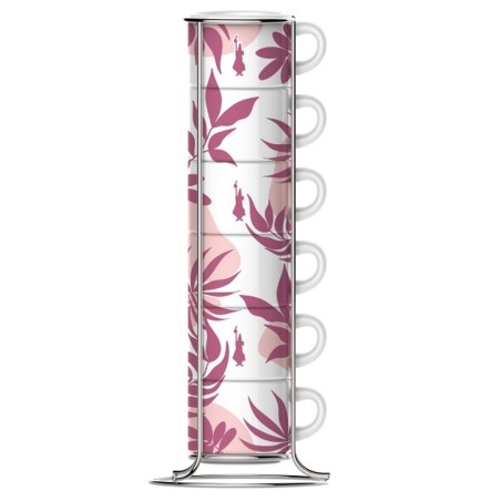 Bialetti 6 Tazzine caffè Foglia Rosa Impilabili incluso porta tazzine