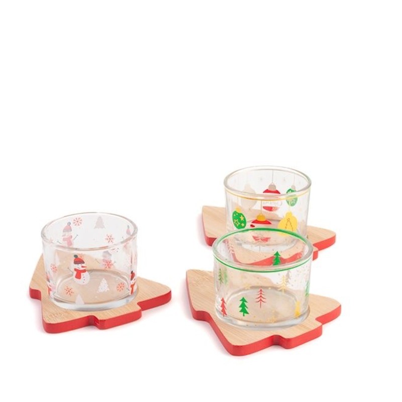 Coppetta Vetro Xmas con base Alberello in Bambù Gift Box 3 Fantasie