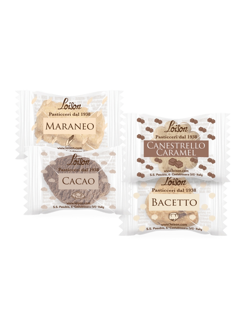 Loison Biscotti monoporzione 4 gusti misti Maraneo, Canestrello Caramel, Bacetto e Cacao 200pz