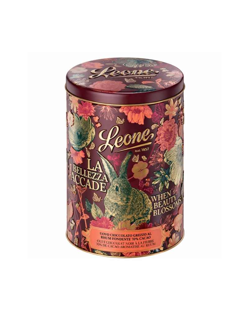 Uovo di Pasqua Cioccolato Grezzo al Rhum in Latta, Leone